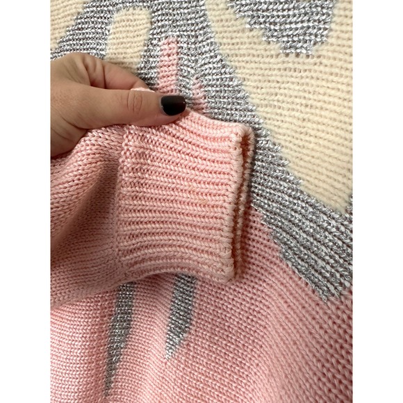 Vintage 80s pink Bow Pullover knit sweater Womens S shoulder pads silver duet - Picture 7 of 9